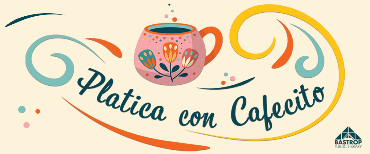 Graphic for Platica con Cafecito, colorful coffee cup in orange, yellow, blue